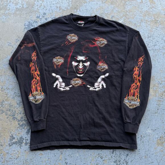 Y2K Harley Davidson Jester Flaming Flames Sleeves Faded Black Sz L - Picture 1 of 8